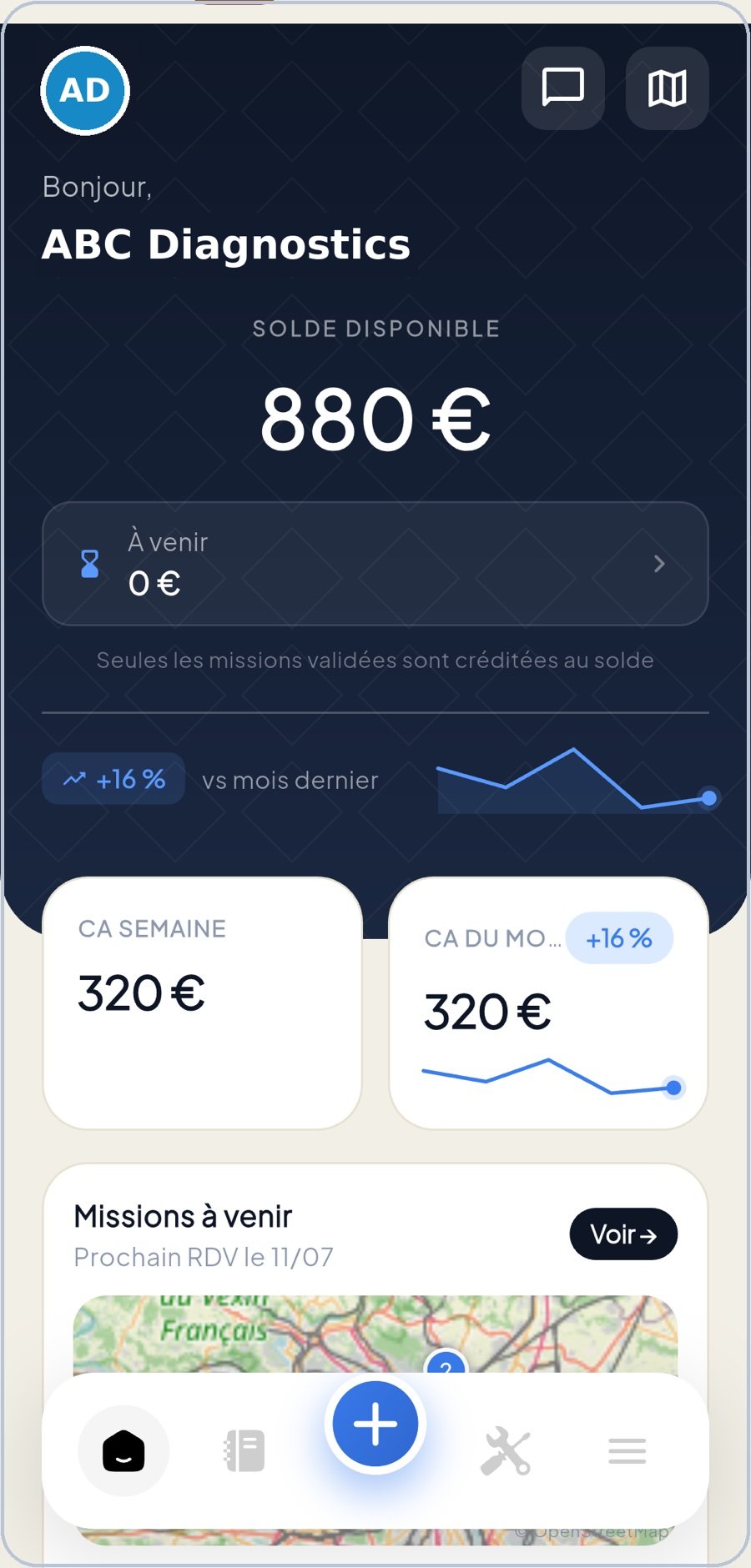 L'écran d'accueil de Diag2France : solde disponible, chiffre d'affaires et missions à venir