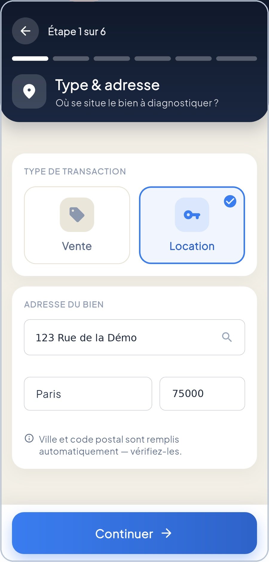 Étape 1 du devis guidé : type de transaction et adresse du bien