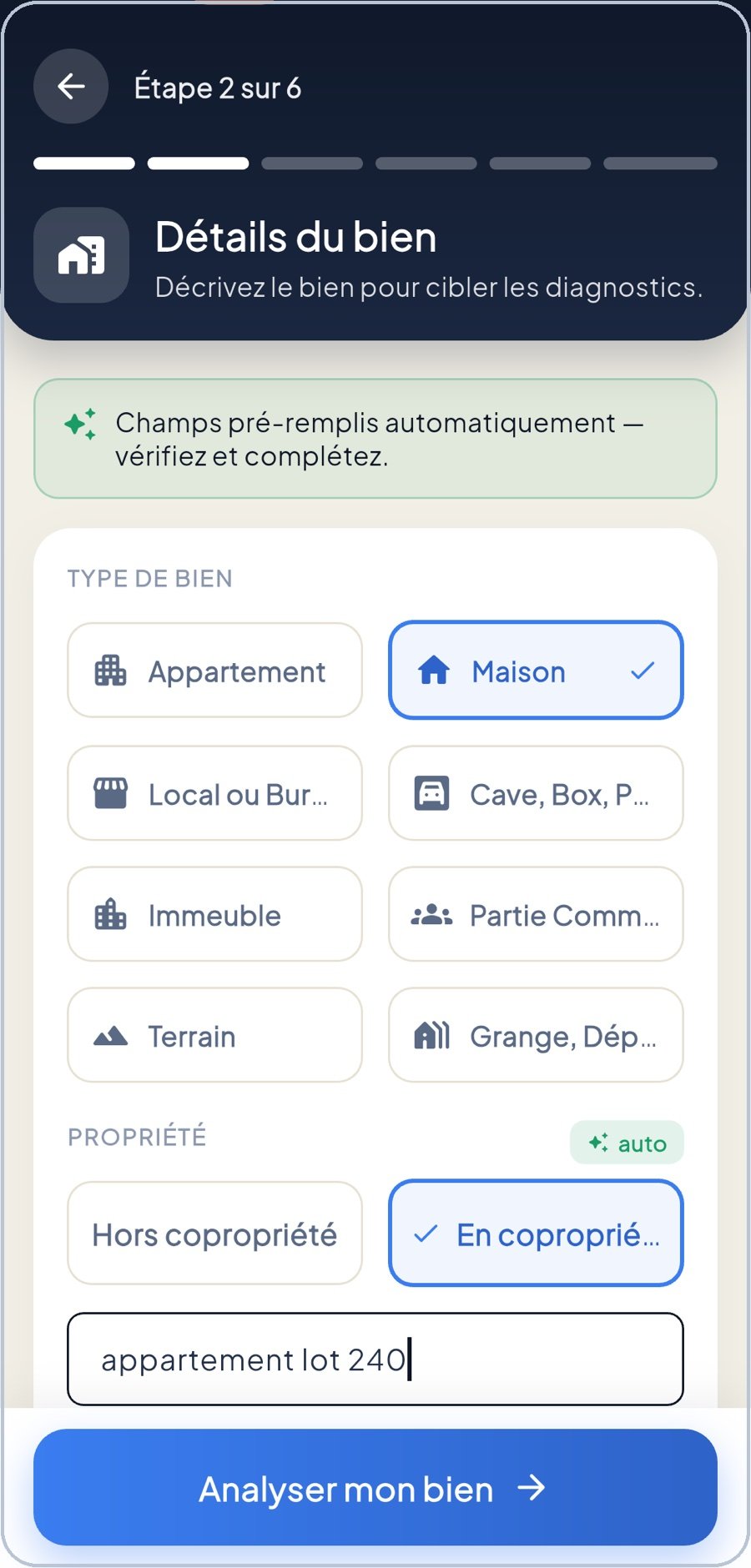 Étape 2 du devis guidé : type de bien, copropriété et caractéristiques