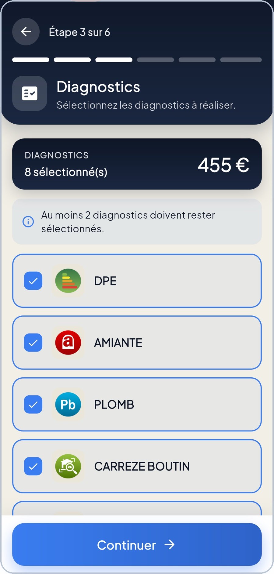 Étape 3 du devis guidé : sélection des diagnostics et total calculé automatiquement
