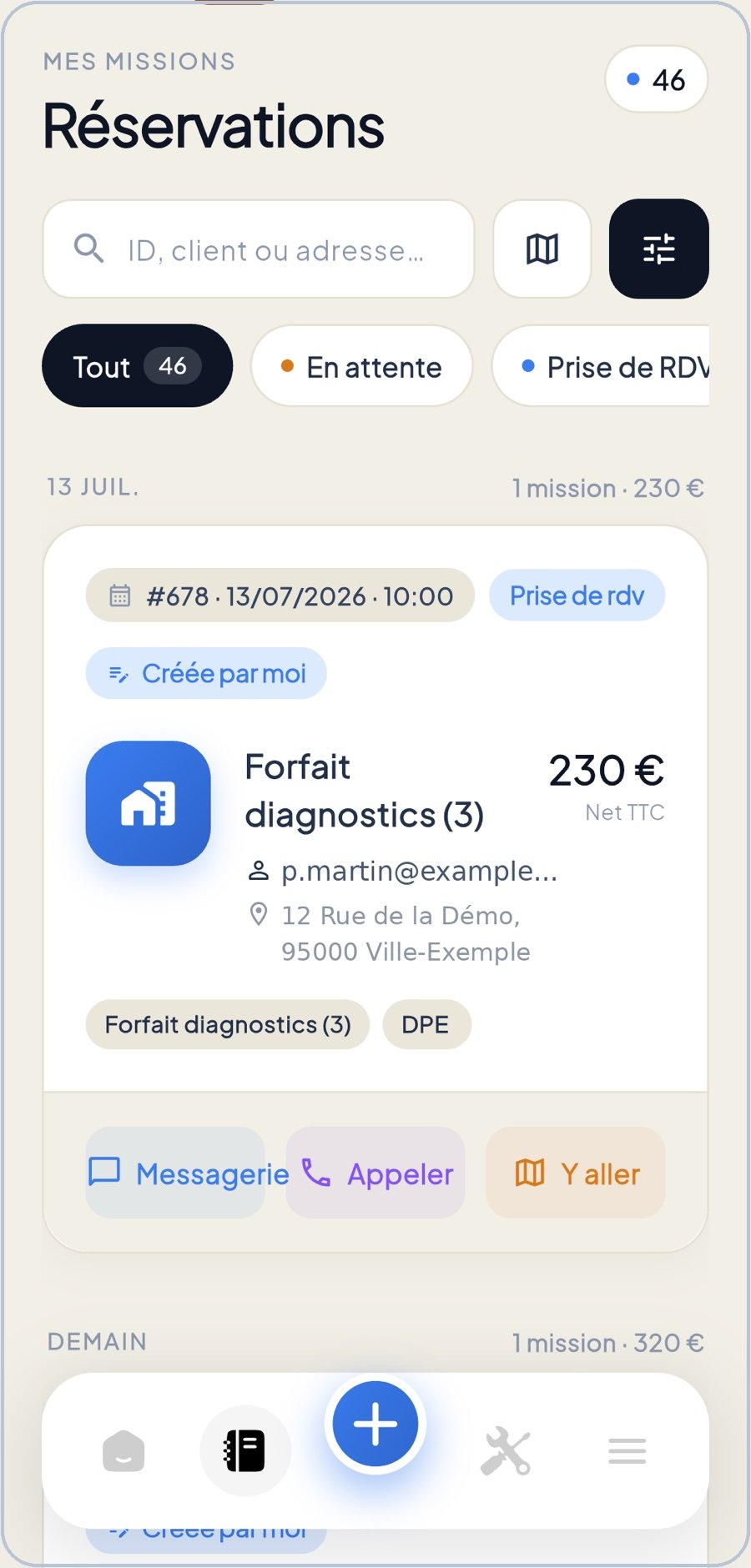 La liste des réservations : missions filtrables, statut et actions rapides